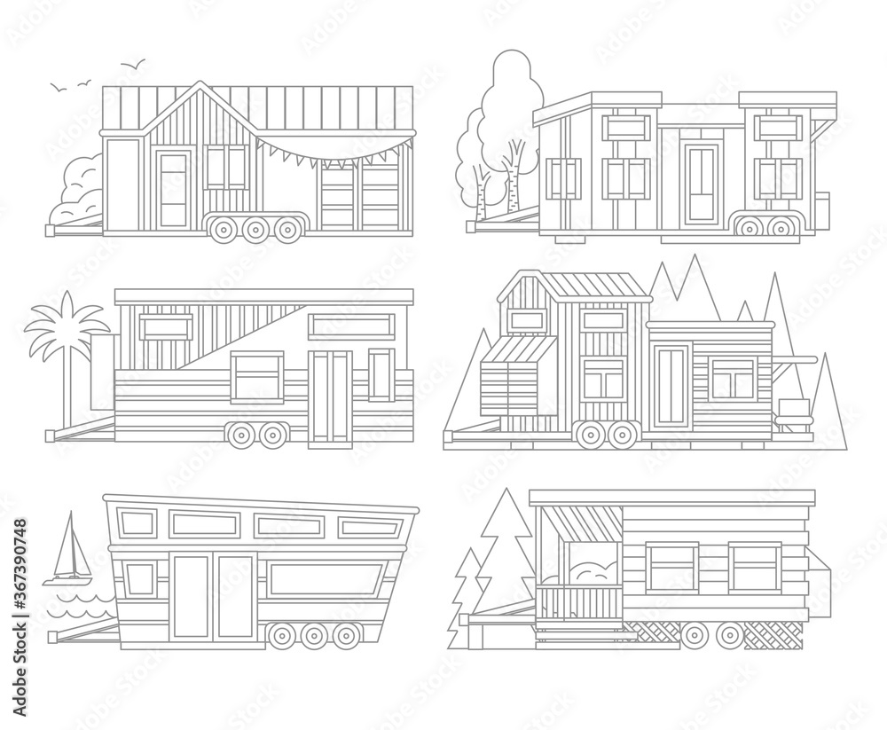 Small Tiny Houses. Modern Mobile Trailers. Vector Icons Illustration.
