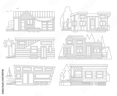 Small Tiny Houses. Modern Mobile Trailers. Vector Icons Illustration.