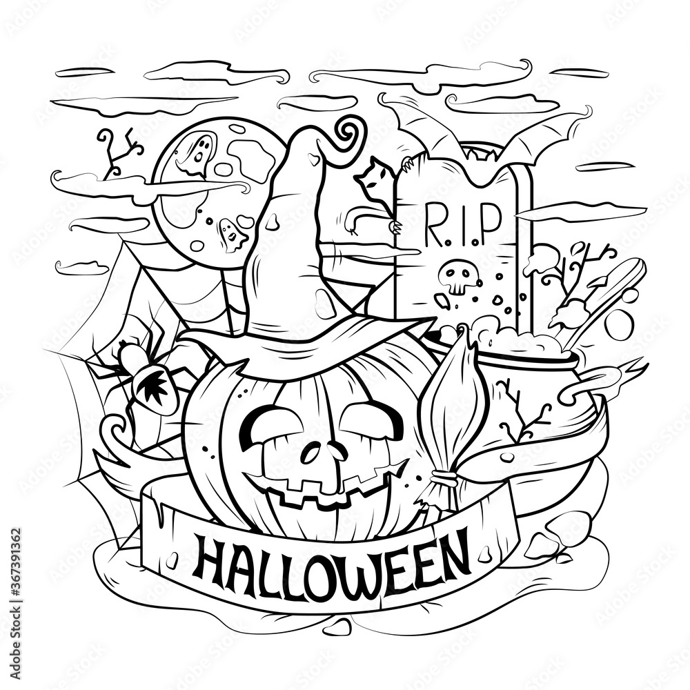 Cartoon vector outline illustration of a happy Halloween. Linear art, detailed. All objects are separated. Vector. Coloring book, background.