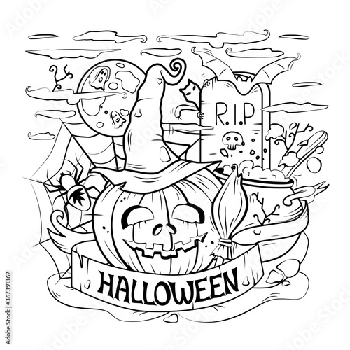 Cartoon vector outline illustration of a happy Halloween. Linear art  detailed. All objects are separated. Vector. Coloring book  background.