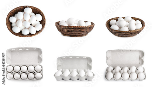 Set of fresh eggs on white background, banner design photo