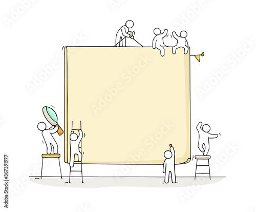 Cartoon working little people with big board.