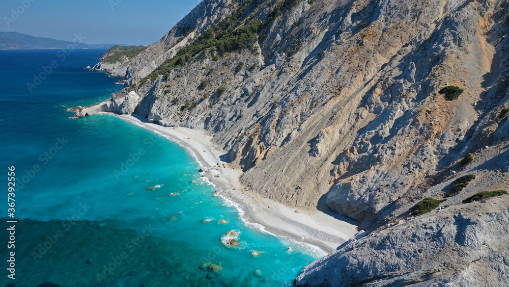 Aerial drone photo of Lalaria beach, one of the most beautiful in Greece and one that made Skiathos island famous with arch like rock formation, Sporades islands
