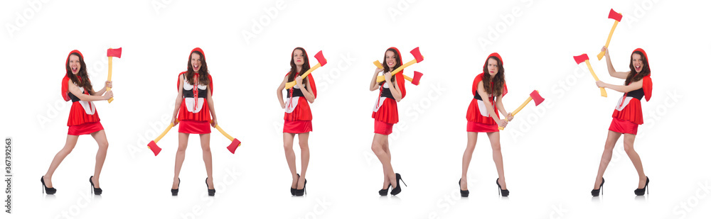 Funny woman with axe isolated on white