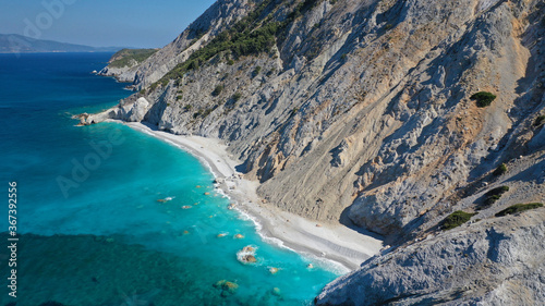 Aerial drone photo of Lalaria beach, one of the most beautiful in Greece and one that made Skiathos island famous with arch like rock formation, Sporades islands