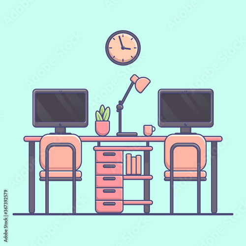 Vector flat illustration of home interior with work table, computer, desk lamp.