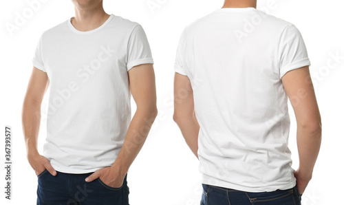 Man in t-shirt on white background, closeup with back and front view. Mockup for design
