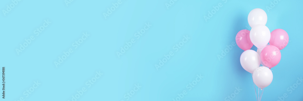Bunch of pink and white balloons on light blue background, space for text. Banner design Bunch of pink and white balloons on light blue background, space for text. Banner design