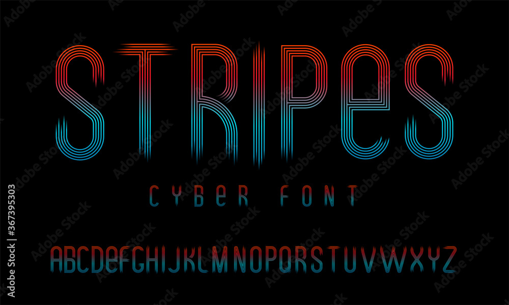 Futuristic cyber font consisting of parallel lines with a transparent gradient at the edges