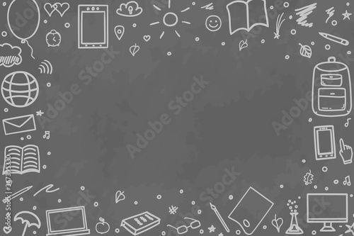 Back to school. Abstract blackboard. Background with school supplies. Elements are drawn in a linear style. Black and white illustration