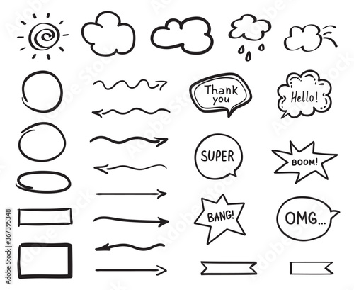Hand drawn doodle. Different objects and geometric shapes on white. Simple sketches. Black and white illustration. Doodles for design