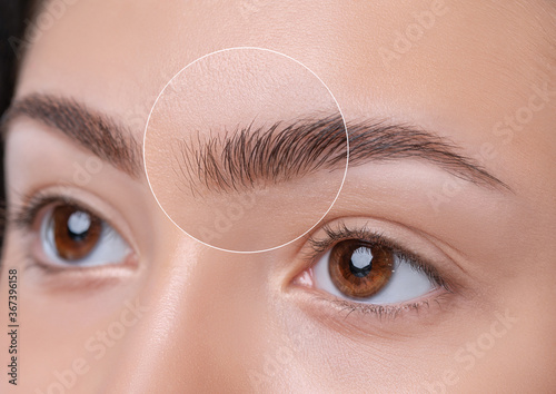 Fototapeta Eyebrows of a young teenager girl after plucking and cutting close-up