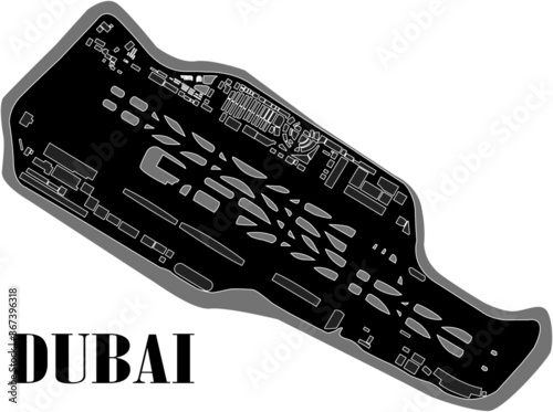 Vector design of Dubai main airport map preview from the top. Sketch contains runways, taxi ways, buildings and fields. Design of monochromaic concept (black and white).