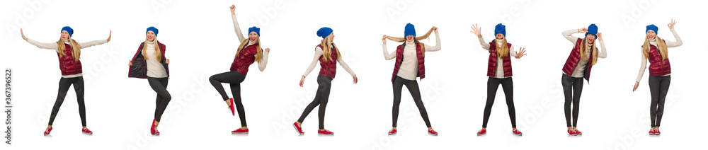 Obraz premium Blond hair girl in bordo vest isolated on white