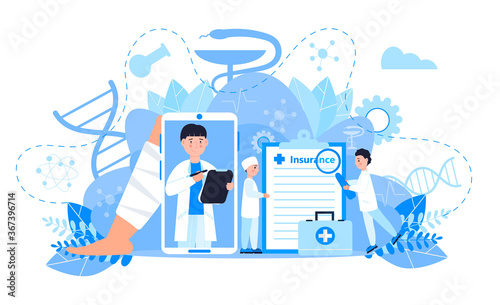 Healthcare insurance vector concept, people with doctor fill health online form insurance. Help agent service for calculate insurance bill. it can used for landing page, ui, web, mobile apps.
