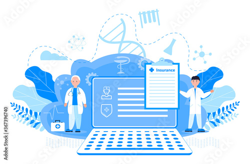 Healthcare insurance vector concept, people with doctor fill health online form insurance. Help agent service for calculate insurance bill. it can used for landing page, ui, web, mobile apps.