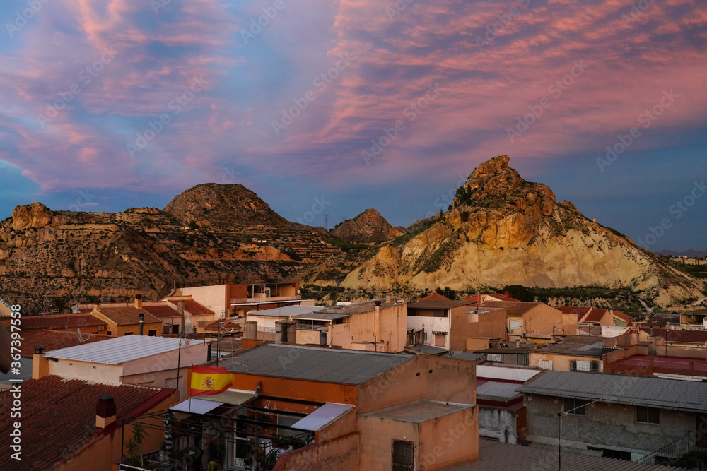 Sunset view of Archena with its mountains in Murcia region, Spain