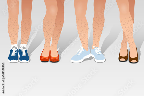 Various unshaved hairy woman's legs with different shoes on feet