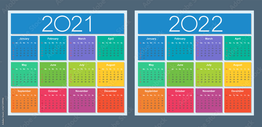 Календарь на 2025г в печать цветной Colorful calendar for 2021 and 2022 years. Week starts on Sunday. Isolated vecto