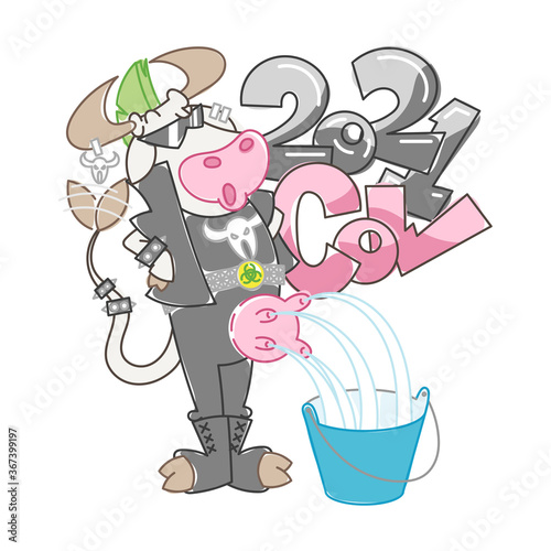 Happy cartoon metal music milking to a bucket cow with mohawk hairstyle