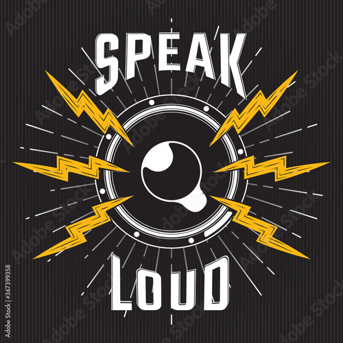 Speak Loud Inverted Creative Concept with Lightning Bolts Flashing from Loudspeaker Sign over Rays Circle and Retro Style Logo Lettering - Black on Striped Background - Contrast Graphic Design