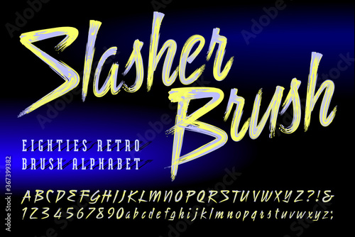 Slasher Brush is a Duotone Brush Script Alphabet. This 1980s Retro Style Font Captures the Vibe of Eighties Art, Music, and Game Graphics.