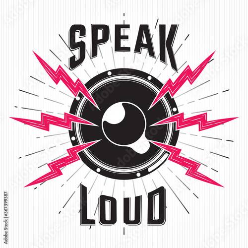 Speak Loud Creative Concept with Lightning Bolts Flashing from Loudspeaker Sign over Rays Circle and Retro Style Logo Lettering - Black on Striped Background - Contrast Graphic Design