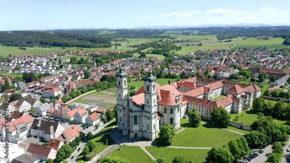 Aerial view, flight at Ottobeuren Abbey, Unterallgäu, Swabia, Bavaria, Germany