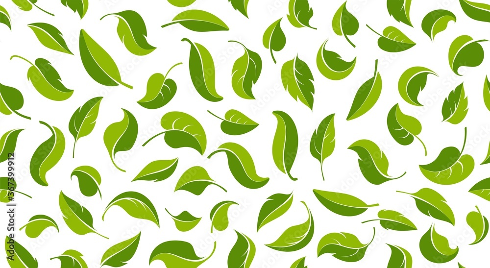 Green leaves. Seamless pattern. Eco, bio, healthy and fresh food background template. Spring and summer theme. Design of textiles, packaging and wrapping paper. Isolated. Vector illustration