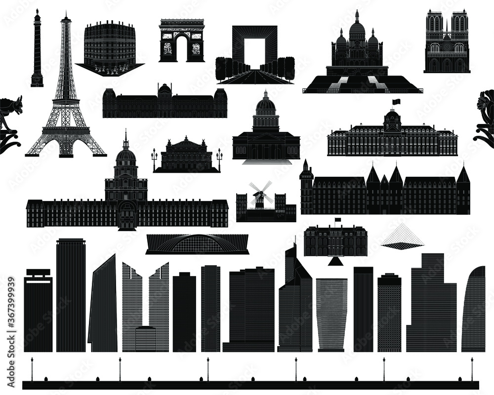 Set of landmarks and buildings silhouettes, vector, isolated on white. The architecture of Paris, France.