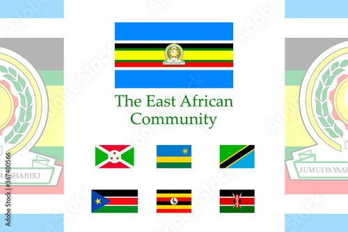 A set of East African community flag icons on a white background. Vector image of the flags of the States of the East African community. You can use it to create a website, print brochures, booklets.