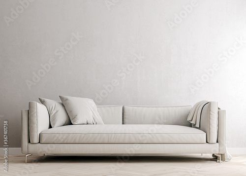 white concrete mock-up wall with white fabric sofa and pillows, modern interior, negative copy space above, 3d rendering, 3d illustration photo