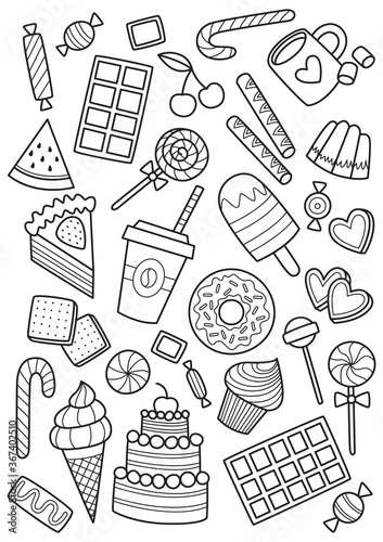 Sweets doodle coloring book page. Antistress for adults. Outlined black and white illustration