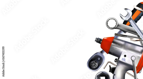 3d Composition of set tools of mechanic, isolated on white background. Copy-space