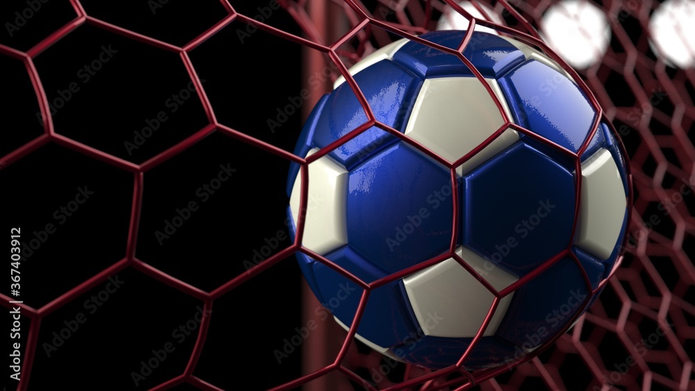 Fototapeta premium Blue-Black Soccer Ball in the Red Goal Net under spot lighting. Concept subjects such as technology, virtual reality, augmented reality, artificial intelligence. 3D illustration. 3D CG.