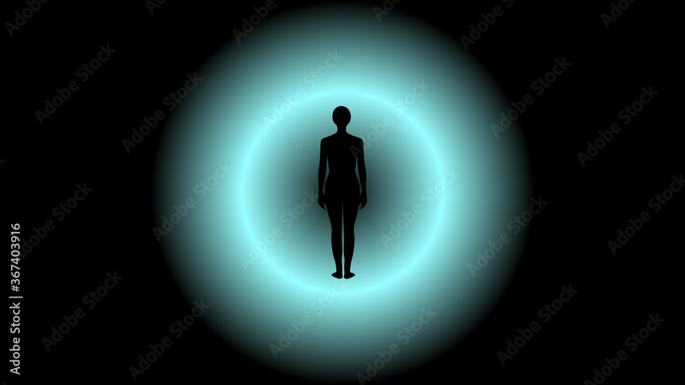 Abstract vector illustration of a human standing in front of mysterious light on the threshold of unknown