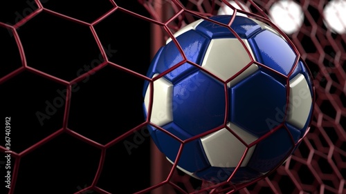 Blue-Black Soccer Ball in the Red Goal Net under spot lighting. Concept subjects such as technology, virtual reality, augmented reality, artificial intelligence. 3D illustration. 3D CG.