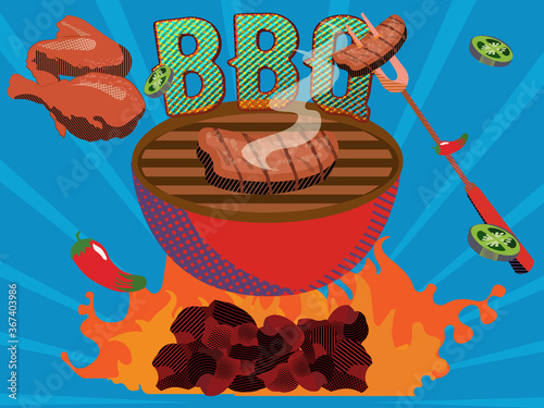 Barbecue grill elements isolated on blue background. BBQ party poster. Meat restaurant at home. Charcoal kettle with tool, foods. Vector design for celebration, invitation, greeting card.