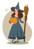 Flat style illustration. Little cute witch with a hat and a broom. The witch is dressed in a beautiful emerald dress. She is holding a pumpkin in her hand, ready to go to celebrate Halloween.