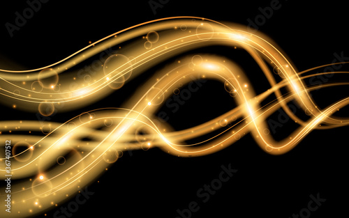 Modern black background with dynamic golden waves. Sparkling light effect. Abstract motion