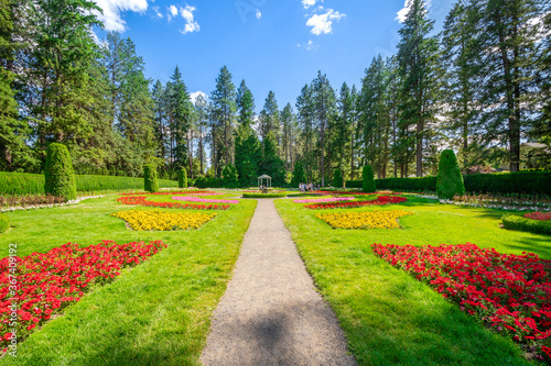 The colorful Renaissance European style formal Duncan Garden and fountain in Manito Park, Spokane, Washington, USA