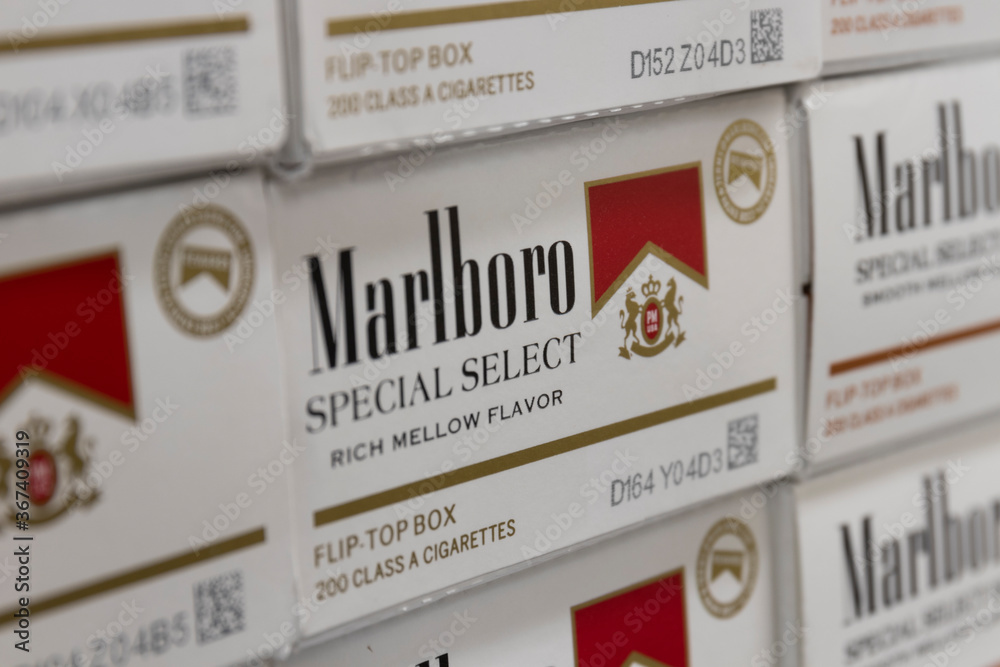 Marlboro Cigarette carton display. Marlboro is a product of the Altria  Group. Photos | Adobe Stock