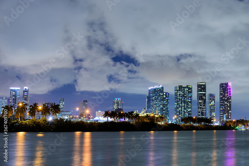 Miami night. Beautiful Miami Florida skyline at sunset.