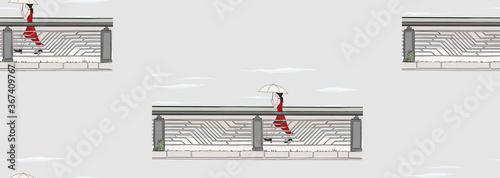Seamless pattern. Hand drawn illustration. A beautiful woman crossing a bridge on a rainy day carrying an umbrella, with clouds in the sky.
