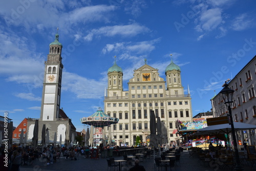 Perlachturm and town hall Rathaus in the central square of Augsburg
