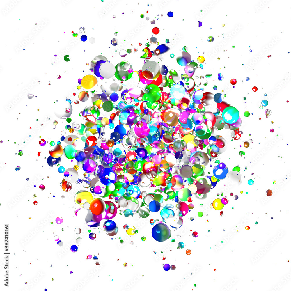 浮かんで集まるカラフルな球体の3Dイラストレーション　白色背景
