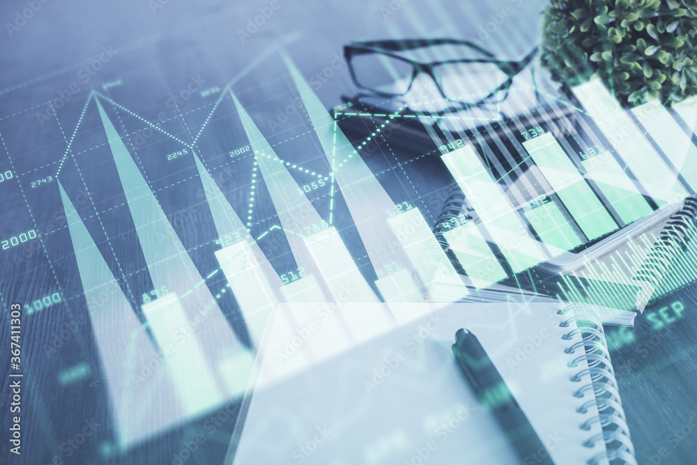 Double exposure of forex chart drawing and cell phone background. Concept of financial trading Double exposure of forex chart drawing and cell phone background. Concept of financial trading