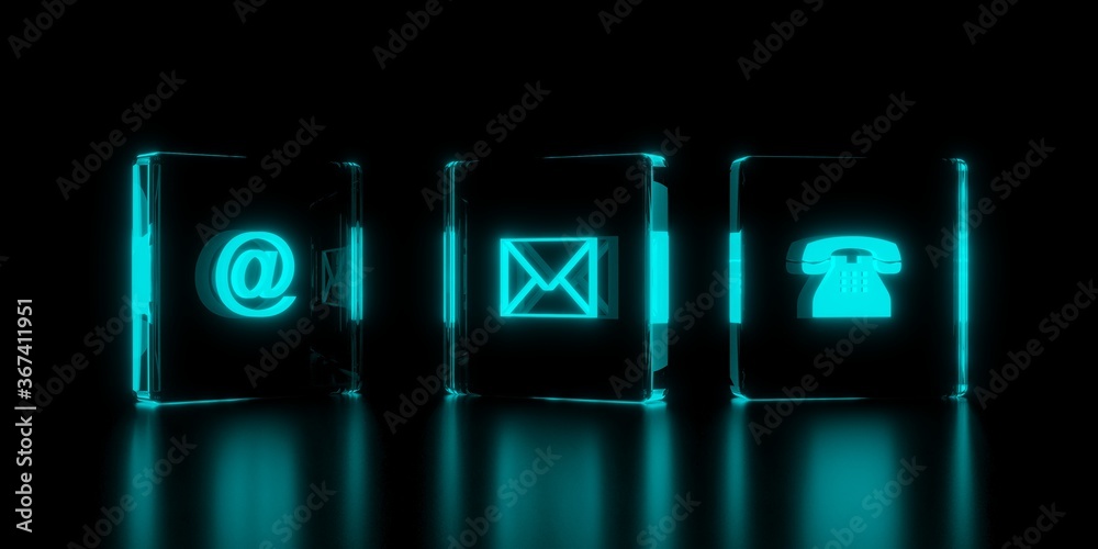 Telephone, envelope letter and e-mail symbols glowing in glass blocks on black background, contact us or communication concept Telephone, envelope letter and e-mail symbols glowing in glass blocks on black background, contact us or communication concept