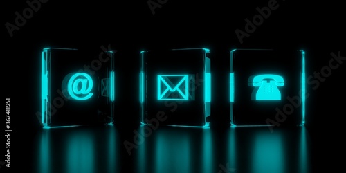 Telephone, envelope letter and e-mail symbols glowing in glass blocks on black background, contact us or communication concept