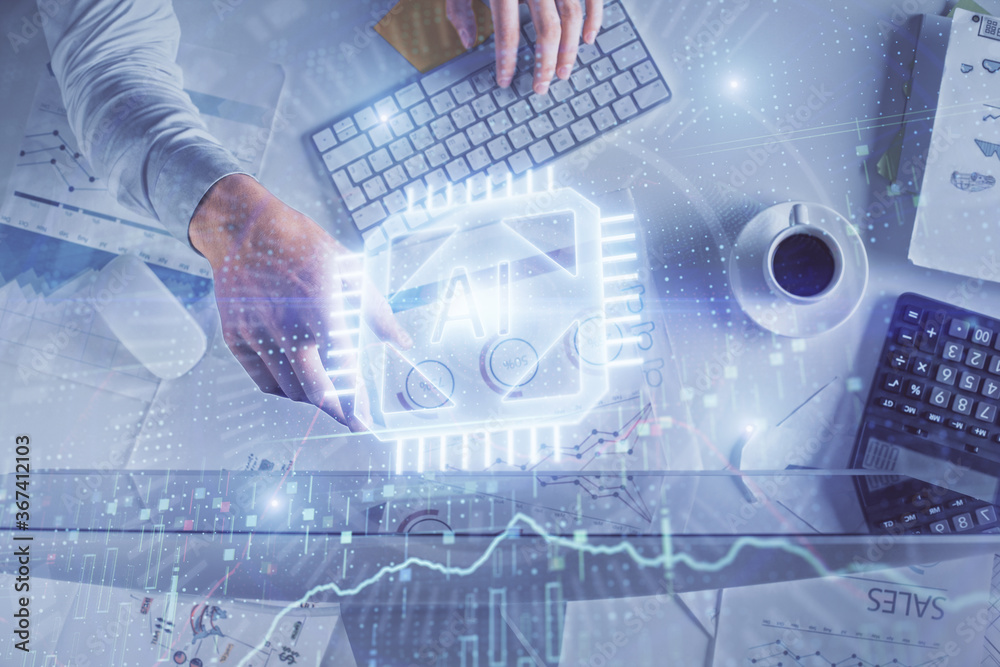 Double exposure of man's hands typing over computer keyboard and data theme hologram drawing. Top view. Technology concept. Double exposure of man's hands typing over computer keyboard and data theme hologram drawing. Top view. Technology concept.
